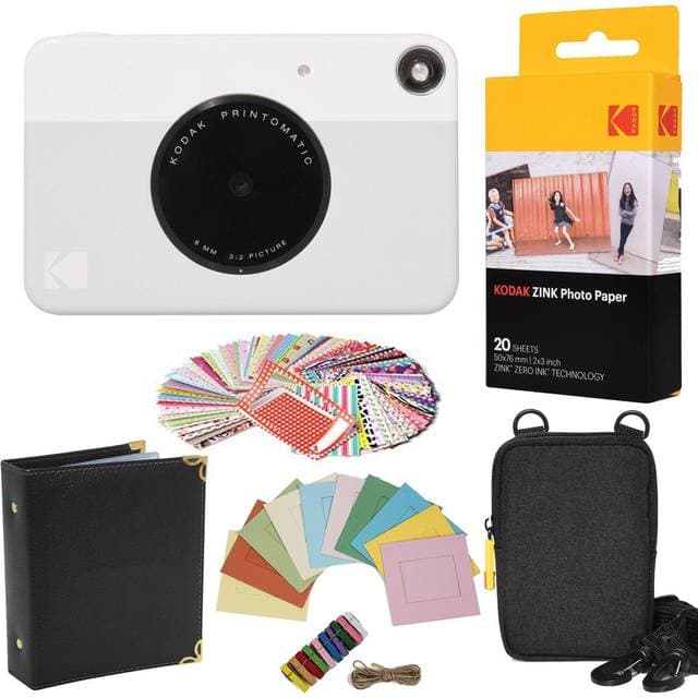 Kodak Printomatic Instant Camera (Grey) Gift Bundle Zink Paper (20 Sheets) Case 100 Sticker Border Frames Hanging Frames Album