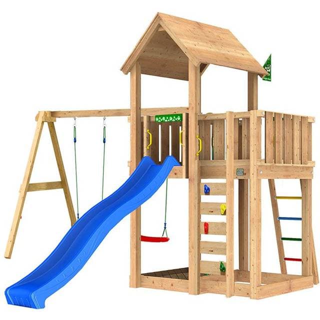 Jungle Gym Mansion 2.1 legetårn med Swing modul, 120 kg sand og blå rutsjebane