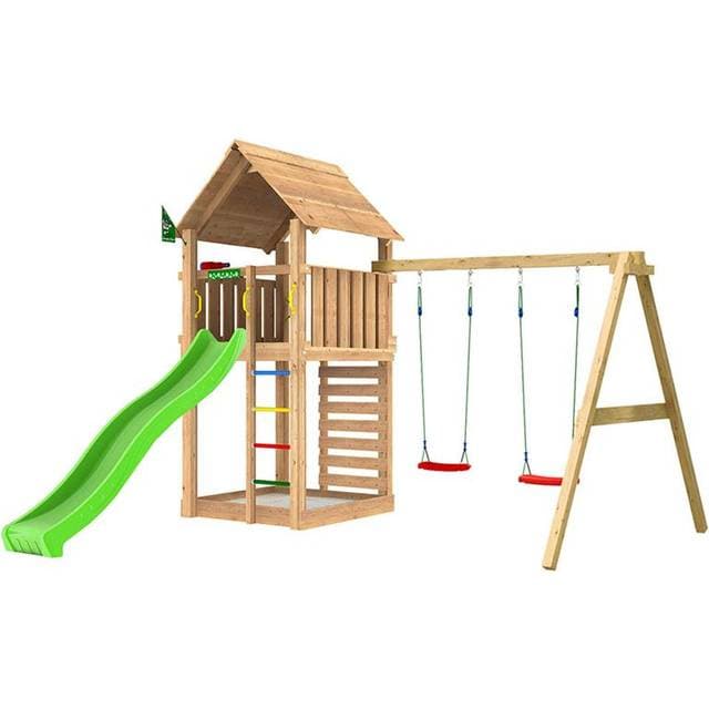 Jungle Gym Cabin 2.1 legetårn med Swing modul, 120 kg sand og grøn rutsjebane