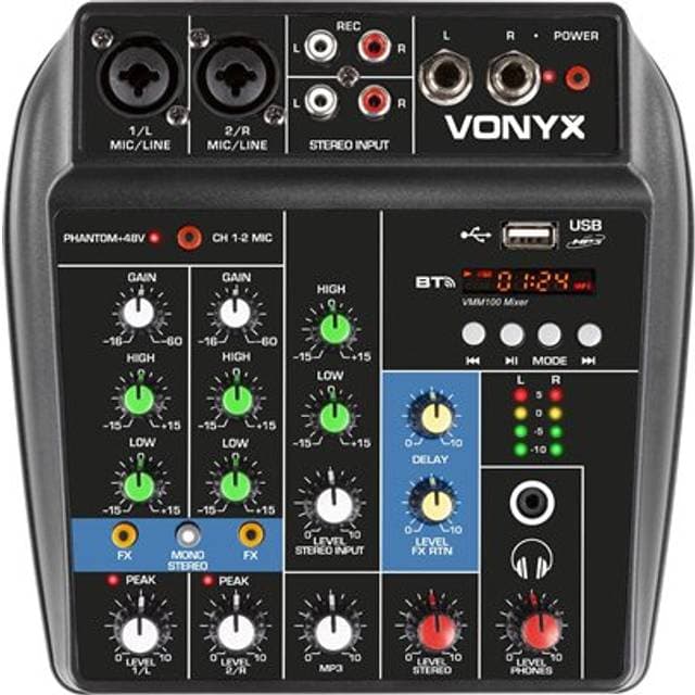 Vonyx Lyd og Mikrofon Mixer VMM100 3 kanals Bluetooth USB EQ Phantom 48V K