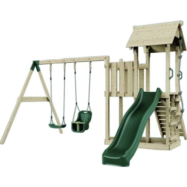 Rebo PolarPlay Uppsala Legetårn Med Gyngestativ Og Grøn Rutsjebane 358 x 361 x 274 cm