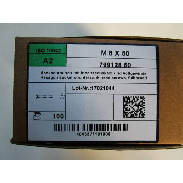 Lemvigh-Müller M 8X50 ISO 10642 RFA2 undersænket insex skrue fuldt gevind 100stk