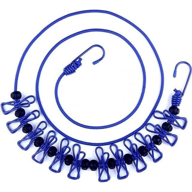 Aikesiway Portable Adjustable Elastic Travel Clothesline 12pcs Clips - Blue