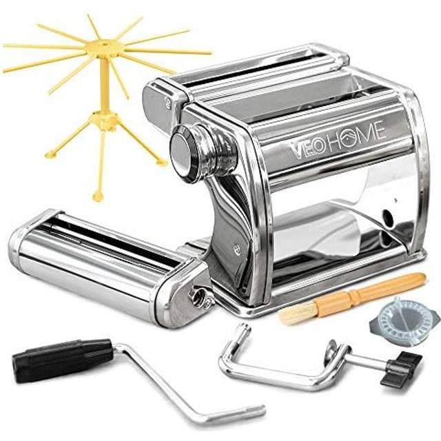 VeoHome Manual Pasta Maker with Dryer Multi-Pasta Stainless Steel Italian Dough Machine with Adjustable Setting, Sharp Cutter, Fresh H