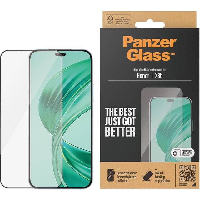 PanzerGlass Honor X8b Ultra Wide Fit Skærmbeskyttelsesglas Platinum Strength Sort Kant