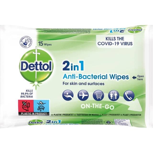 Dettol 2in1 Anti-Bacterial Wipes 15-pak