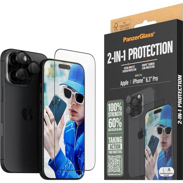 PanzerGlass iPhone 16 Pro PanzerGlass 2-i-1 Bundle m. EasyAligner Skærmbeskyttelse Kamerabeskyttelse Gennemsigtig Sort