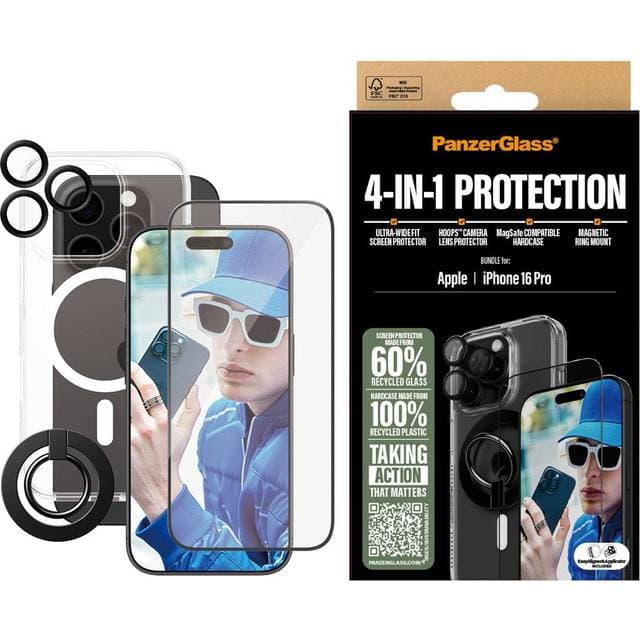 PanzerGlass iPhone 16 Pro PanzerGlass 4-i-1 Bundle m. EasyAligner Skærmbeskyttelse UWF Bagsidecover Kamerabeskyttelse Fingerring Gennemsigtig Sort