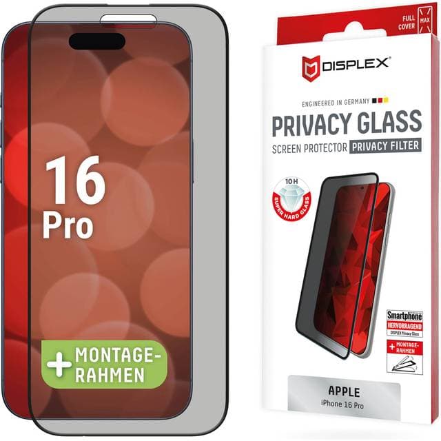 Displex Screen Protector (10H) for Apple iPhone 16, Eco Mounting Frame, scratch resistant