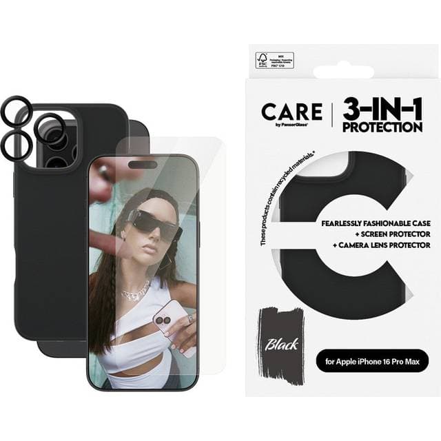 CARE by PanzerGlass CARE By PanzerGlass iPhone 16 Pro Max 3-i-1 FASHION Bundle Skærmbeskyttelse (UWF) Bagsidecover Kamerabeskyttelse Gennemsigtig Sort