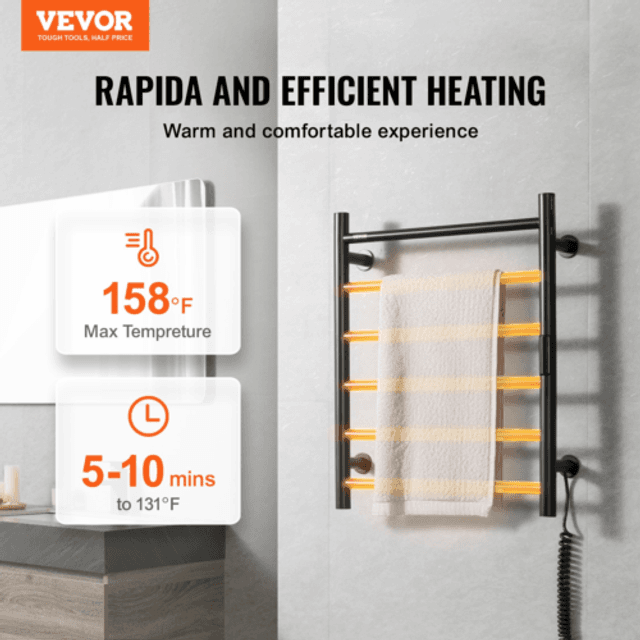 VEVOR 6 Bars Vægmonteret Håndklædevarmerstativ Sort