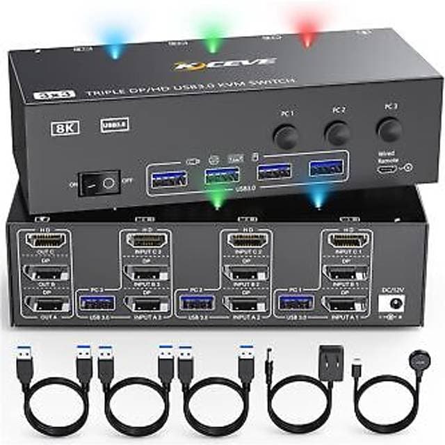Kceve 8K KVM Switch 3 Monitors HDMI DisplayPort