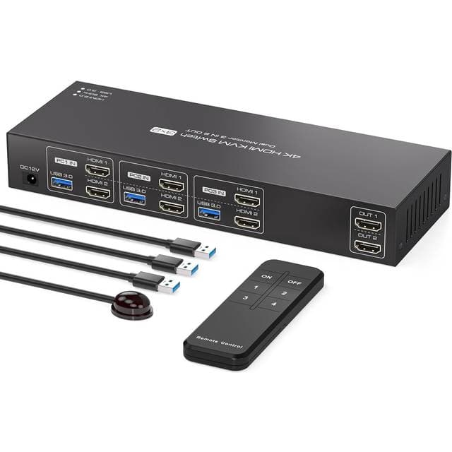 Nordic HDMI KVM-Switch 3 Computere 2 Skærme 4K60Hz EDID 4 USB 3.0 Porte Med Fjernbetjening