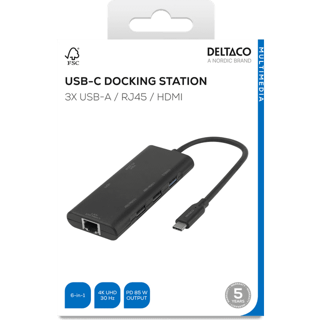 Deltaco Brendi USB-C HDMI 3xUSB-A RJ45