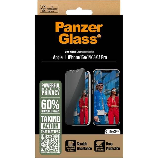 PanzerGlass Ultra Wide Fit Privacy Skærmbeskyttelse til iPhone 16e/14/13/13 Pro