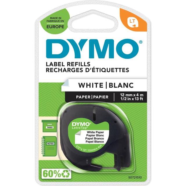 DYMO LetraTag Plastic Tape Black on Pearl White 1.2cmx4m