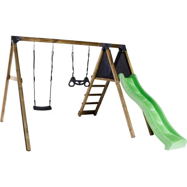Nordic Play Active Swing Frame with Climb Module Swing Seat & Trapeze Swing Incl Green Slide