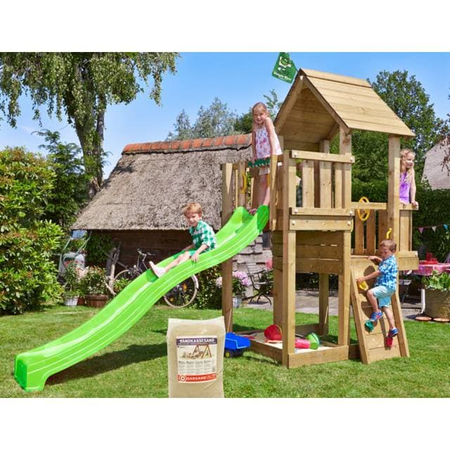 Jungle Gym Cubby legetårn komplet, inkl. 120 kg sand og grøn rutschebane