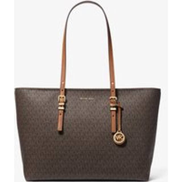 Michael Kors MK Quinn Large Signature Logo and Leather Tote Bag - Brown