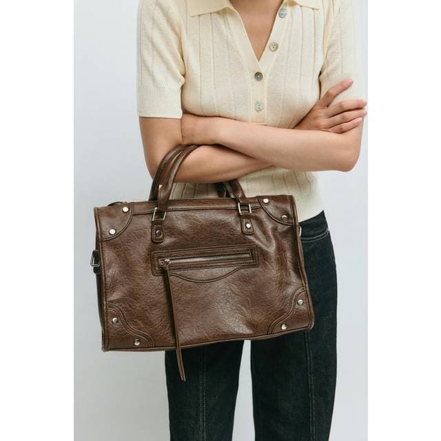 Gina Tricot Tote Taske Med Nitter Stor Hank Øverst Crossbody Rem - Brun
