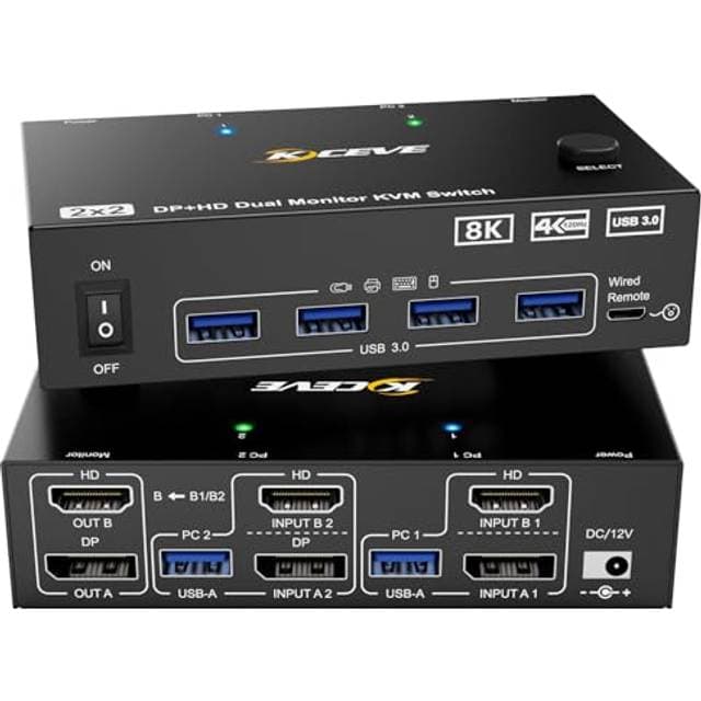Kceve 8K KVM HDMI Switch 2 Ports, USB 3.0 KVM Switcher Box, Support 7680x4320@60Hz, 3840x2160@120Hz Resolution for 2 Computers Share Mouse Keyboard and
