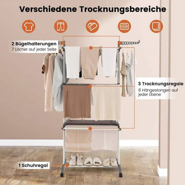 Northix 4-Kerroksinen Taitettava Vaatteiden Kuivausteline Pyörillä - Harmaa