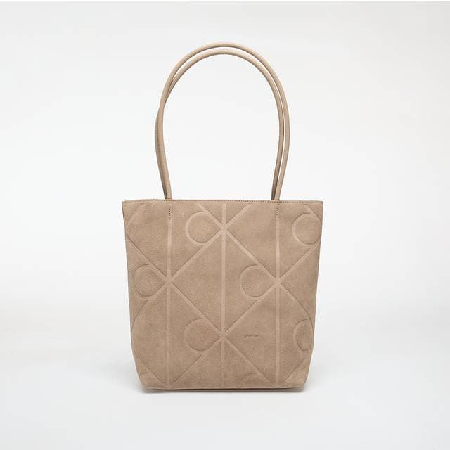 Calvin Klein Emblem Aop Suede Small Tote - Beige/Gyldenbrun